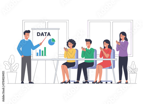 Colleagues celebrate a coworker’s business successes, the boss praises the top employee, and the team applauds during an office meeting, all depicted in a flat vector illustration set against a white