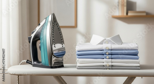 Iron and neatly folded shirts on ironing board, home laundry and garment care in bright minimalist interior