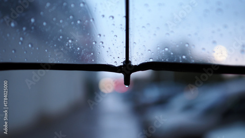 Quadro su tela A transparent umbrella and a street out of focus, an autumn city in cloudy weath