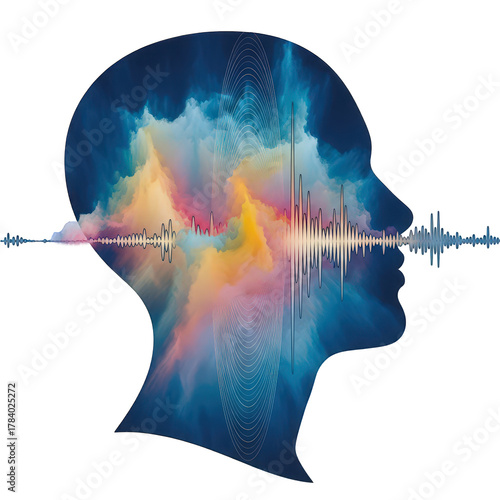 A human head silhouette filled with colorful smoke and sound waves, isolated on transparent background, symbolizing mind, sound, and creativity