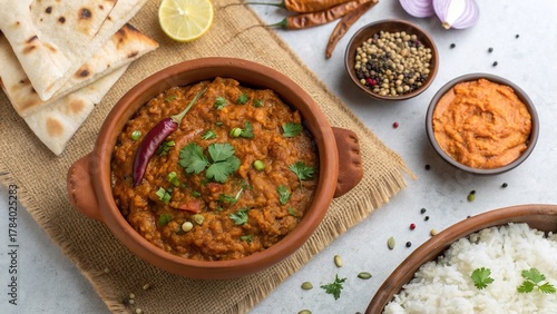 Delicious baingan bharta served in a traditional bowl with Indian flatbreads and accompaniments on a rustic table