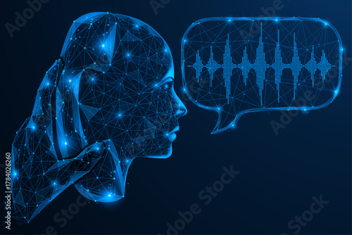 The voice of artificial intelligence. A hand holding a handset with the profile of a person, from whose mouth comes a speech bubble with a sound wave. Polygonal design, blue background.