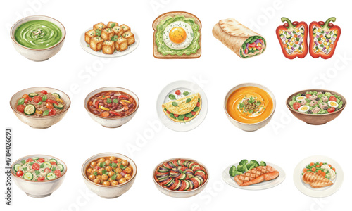 Hand-Drawn Watercolor Set of Healthy Vegetarian Meals