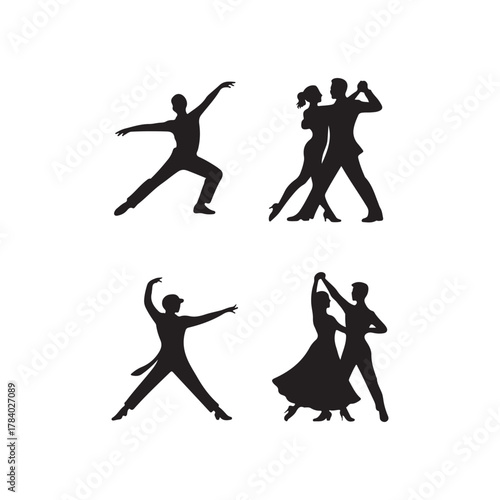 Couples dancing in various poses a stark black and white silhouette