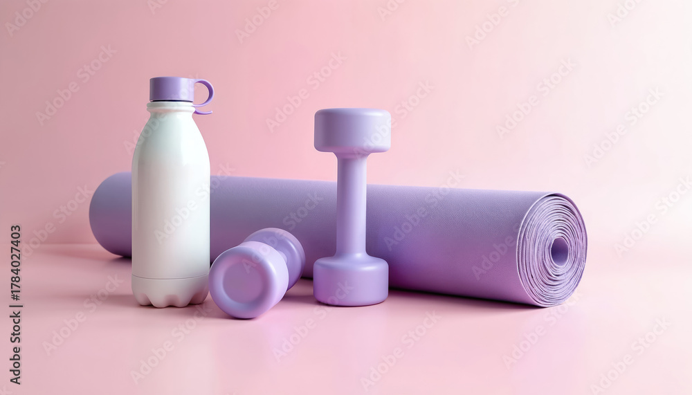 Fototapeta premium Sports equipment set for fitness training. Purple dumbbells, yoga mat, reusable water bottle on pink background for home workout. Training accessories for gym exercise, wellness, body care. Healthy