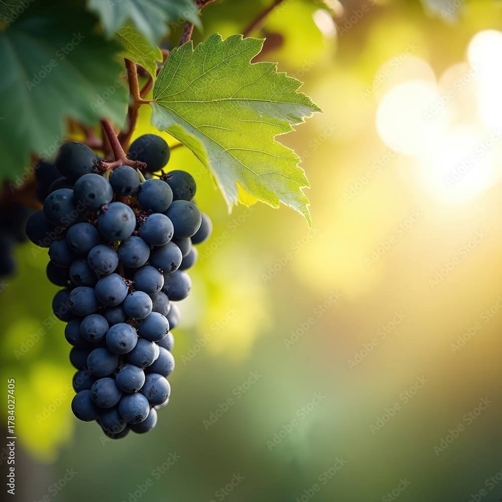 Naklejka premium Ripe black grapes bunch hang on vine with green leaves in sunlit vineyard. Blurred background provides space for copy text for wine label or food ads.