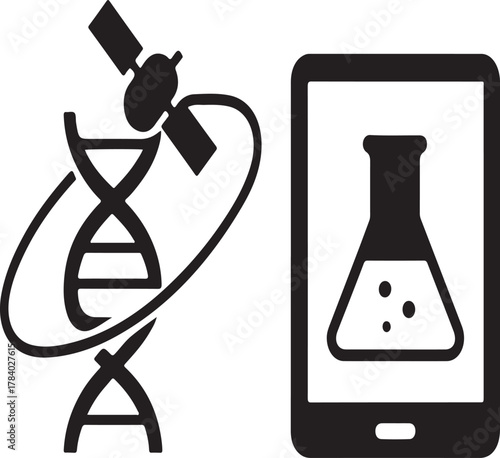 Satellite orbiting DNA strand vector, global biotechnology and science research innovation concept.