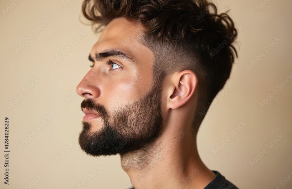 Fototapeta premium Young caucasian man with beard and short hair looks away. Male profile portrait with facial hair and stylish coiffure. Man with clean skin and strong facial features.