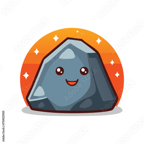 A cute smiling rock with a happy face against a bright orange and red gradient background. This cartoon style character is perfect for children's books or educational materials. 