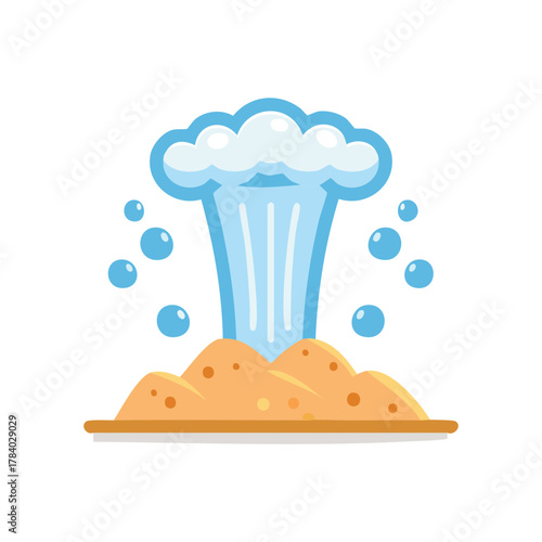 A cartoon-style image of a geyser erupting with water and bubbles, with the geyser erupting from a pile of sand