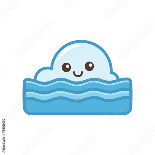 An adorable cartoon cloud sailing on blue water. The cloud has a cute face with a cheerful expression