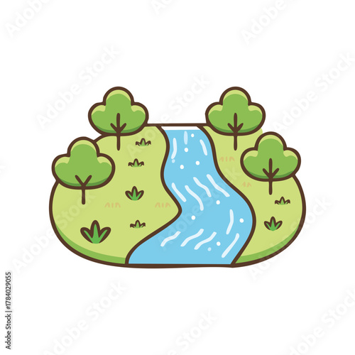A vibrant illustration depicting a flowing river winding through a lush green landscape, surrounded by trees. A scene that evokes a sense of tranquility.