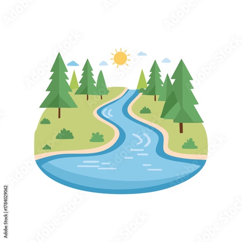 A picturesque river meandering through a lush green landscape, with trees and a bright sun overhead