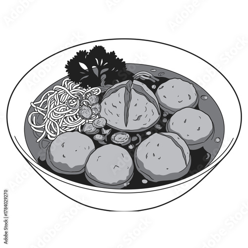 Black and white vector illustration of a bowl of noodles with meatballs, vegetables, and broth in detailed line art style. Perfect for restaurant branding, menu design, food packaging, culinary poster