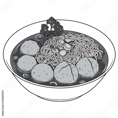 Black and white vector illustration of a bowl of noodles with meatballs, vegetables, and broth in detailed line art style. Perfect for restaurant branding, menu design, food packaging, culinary poster