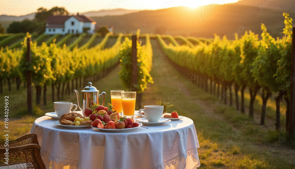 Naklejka premium Elegant breakfast setup at vineyard. Table with fruit coffee and pastries. Romantic morning with beautiful sunrise and landscape. Tranquil scene countryside idyll