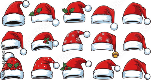 Santa Claus hat collection, Santa red hats with white fur, Winter cap, Christmas element, Vector illustration	