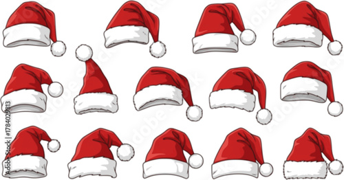Santa Claus hat collection, Santa red hats with white fur, Winter cap, Christmas element, Vector illustration	