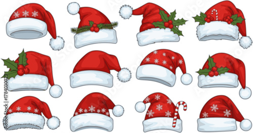 Santa Claus hat collection, Santa red hats with white fur, Winter cap, Christmas element, Vector illustration	