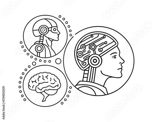 Artificial Intelligence Concept with Robot Head Brain and Neural Network Depiction in Circular Design for Futuristic Technology