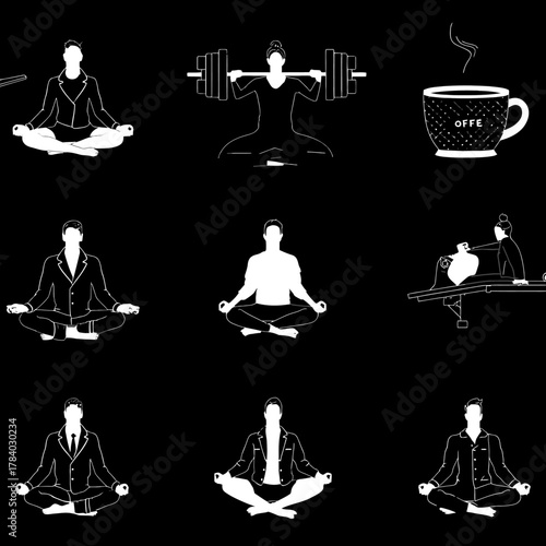 Meditating business people icons set in black and white silhouette