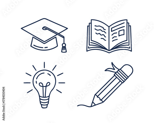 Education and learning vector icons set graduation cap open book light bulb and pencil for knowledge and school inspiration