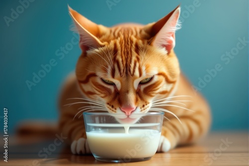 A playful orange tabby cat savoring a bowl of milk on a wooden surface.