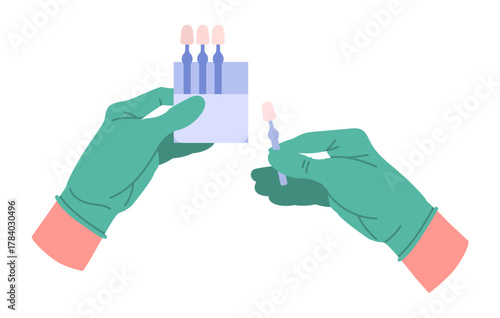 Cartoon dentist veneer samples in doctors hands. Stomatologist hands in rubber gloves holding dental equipment flat vector illustration. Doctor hands hold tools
