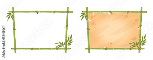 Cartoon wooden exotic frames. Bamboo signs, jungle borders with bamboo leaves and parchment paper flat vector illustration set. Bamboo frames on white