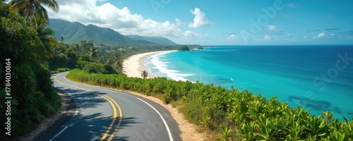 Scenic tropical coast view. Asphalt road winds along sea shore with turquoise water. Paradise beach coastline with palms, rainforest jungle. Travel destination landscape on summer vacation evokes