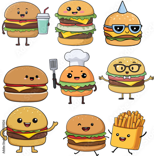 Fun burger cartoon characters with chef hat and fries in party mood