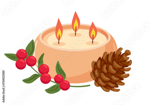 Christmas wax candle. Cartoon scented xmas aromatic candle, winter holidays cozy aroma decorated candle flat vector illustration. Xmas candle on white