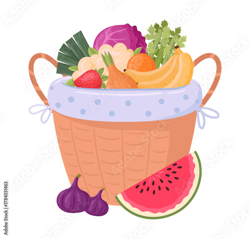 Fruit wicker basket. Fresh fruits and vegetables in hamper picnic basket, wicker basket flat vector illustration. Handle picnic basket on white