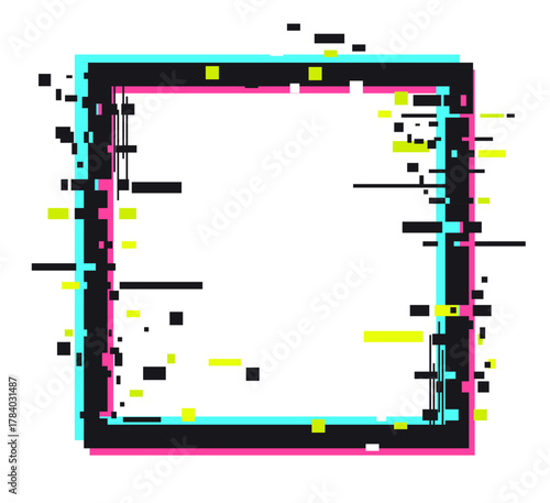 Glitch frame. Abstract noise glitch border frame, digital distortion square border flat vector illustration. Pixelated bad tv signal glitch effect