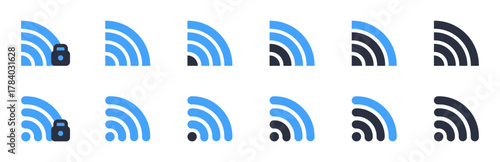 Network wifi icons. Mobile phone 5G and LTE wifi signal strength levels flat vector illustration set. Smartphone wifi signs