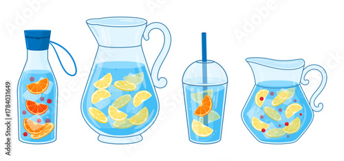 Iced drinks in water jugs. Cartoon refreshing beverages with fruits in glass and plastic jugs and glass flat vector illustration set. Mineral water pitchers