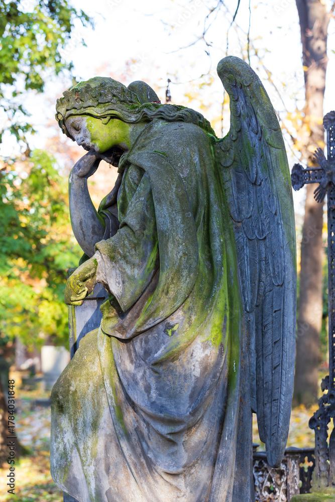 Fototapeta premium Historic Statue on the autumn mystery old Prague Cemetery, Czech Republic