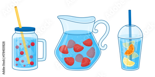 Water jugs. Refreshing iced drinks with fruits in glass jugs flat vector illustration set. Cartoon water pitchers on white