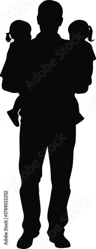 Father carrying twin daughters silhouette, family love, parent with kids, dad and children bond, parenting concept, fatherhood flat vector illustration