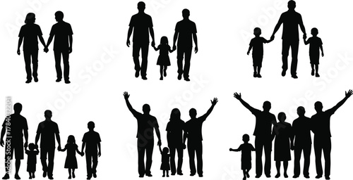 Happy family silhouettes walking together showing unity, parenting, childhood bonding, love, support, multiple poses of parents and children, flat vector illustration