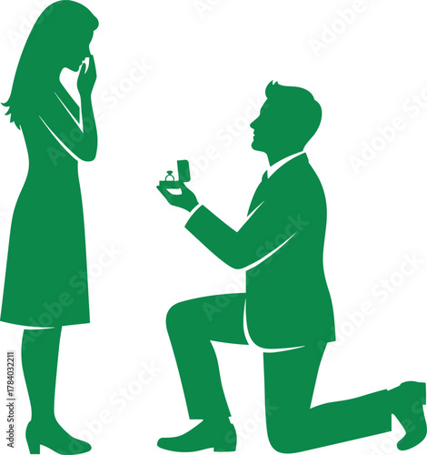 Marriage proposal silhouette, romantic kneeling man, emotional woman reaction, engagement ring moment, green love scene, flat vector illustration