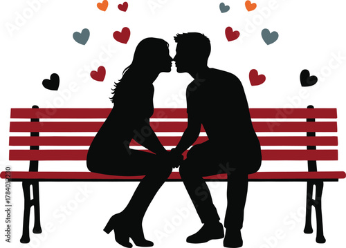 Romantic couple kissing on park bench silhouette, love relationship, valentine concept, romantic date scene, affection flat vector illustration