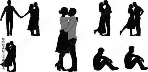 Romantic couple silhouettes showing love, affection, intimacy, emotional connection, hugging, kissing, sadness, relationship moments in various poses, flat vector illustration