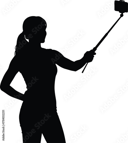 Selfie stick silhouette, person taking photo, modern photography concept, black shadow figure, social media pose, flat vector illustration