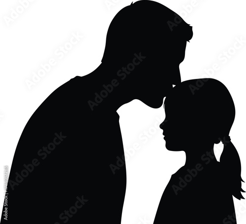 Silhouette of a loving parent gently kissing child’s forehead showing care, family bonding, affection, protection, emotional connection, flat vector illustration