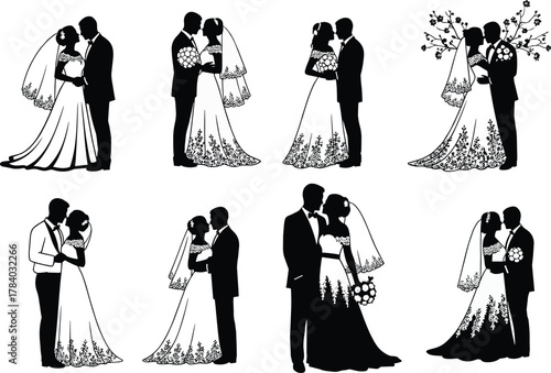 Wedding couple silhouette set, romantic bride groom poses, black shadow illustration, love and ceremony theme, flat vector illustration