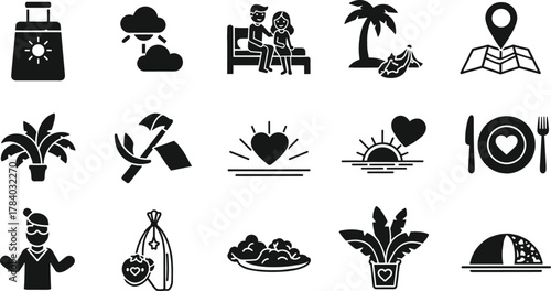 Wedding icon silhouette set, romantic couple poses, ceremony symbols, cake and ring elements, church illustration artwork, flat vector illustration