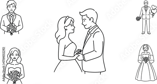 Wedding scene line art, bride and groom illustration, romantic ceremony moment, bouquet and balloon elements, black sketch, flat vector illustration