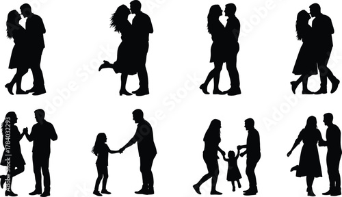 Couple and family silhouette set, romantic and playful poses, black shadow figures, emotional interaction scenes, flat vector illustration