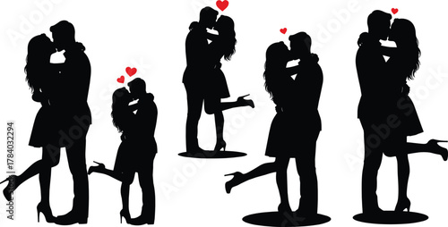 Couple kissing silhouette set, romantic love poses, red heart symbols, emotional embrace illustration, black shadow artwork, flat vector illustration